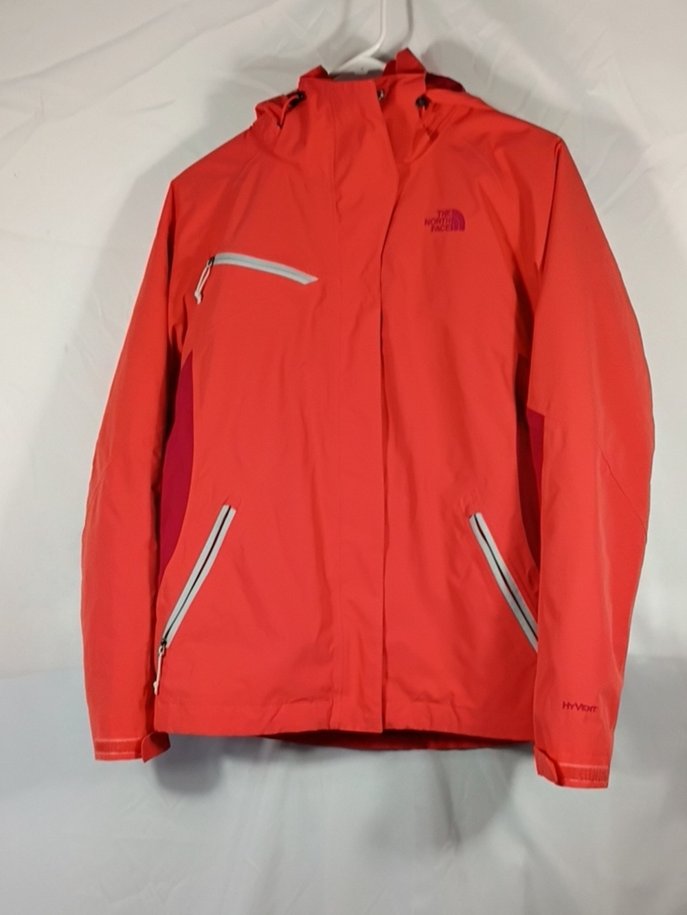 EUC The North Face HyVent Ski Jacket Womens Orange Pink Insulated Hooded Sz Med